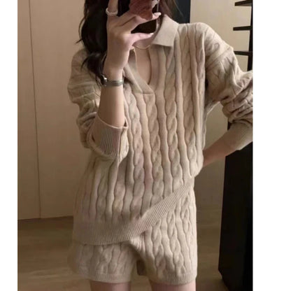 Autumn Winter Pullover Loose Women Sweater Knitted Shorts 2 Two Piece Sets Office Fashion Outfits Lapel Casual Long Sleeve Tops