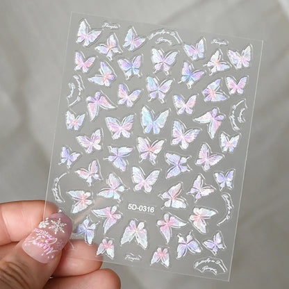 5D Hibiscus Flower Nail Embossed Sticker Acrylic Pink White Gold Petal Leaf Adhesive Decal Butterfly Dragon Floral Elegant Decor