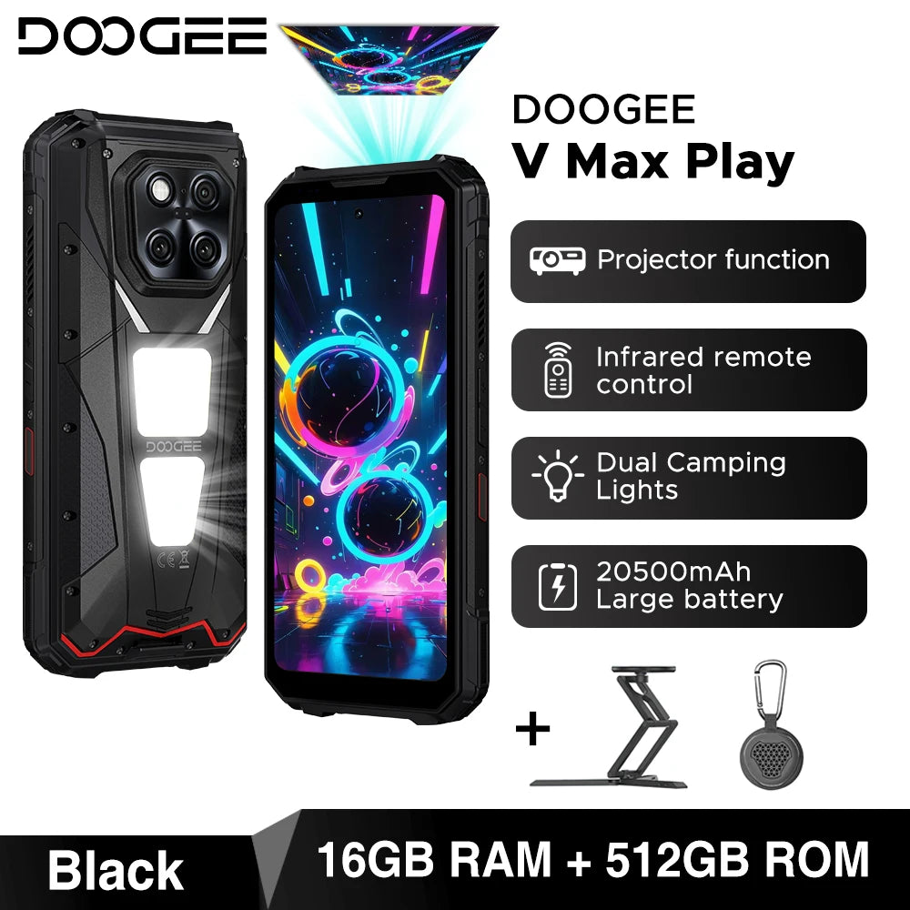 World Premiere DOOGEE V Max Play 5G Projector Rugged Phone 20500mAh Dual Camping Lights Dimensity 7300 16GB+512GB NFC Smartphone