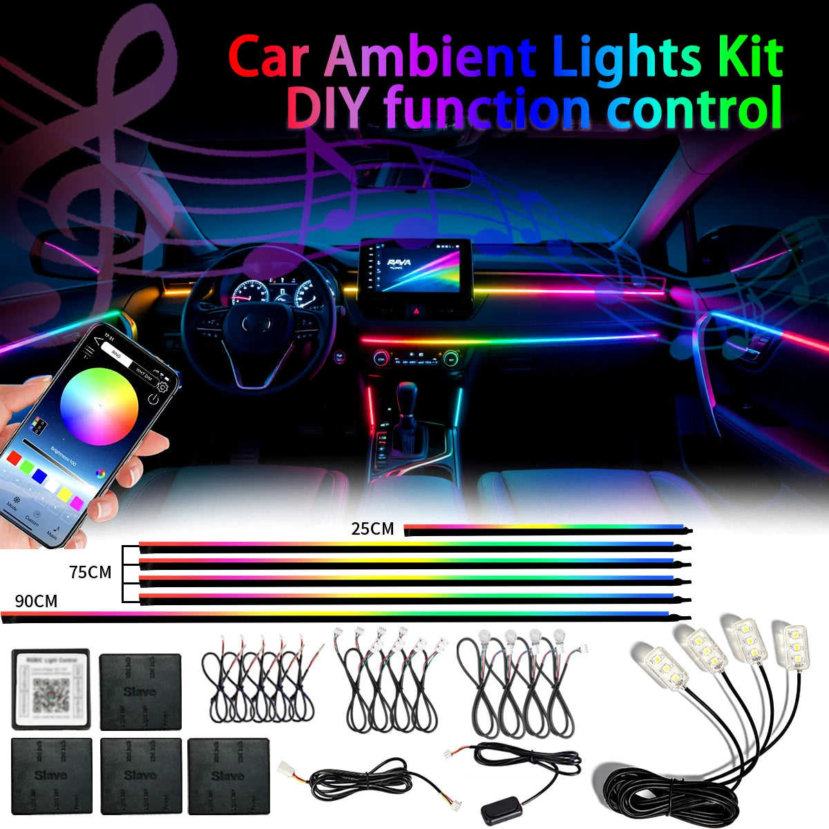 18IN1 Full Color Streamer Car Ambient Lights RGB 64 Color Universal LED Interior Hidden Acrylic Strip Symphony Atmosphere Lamp