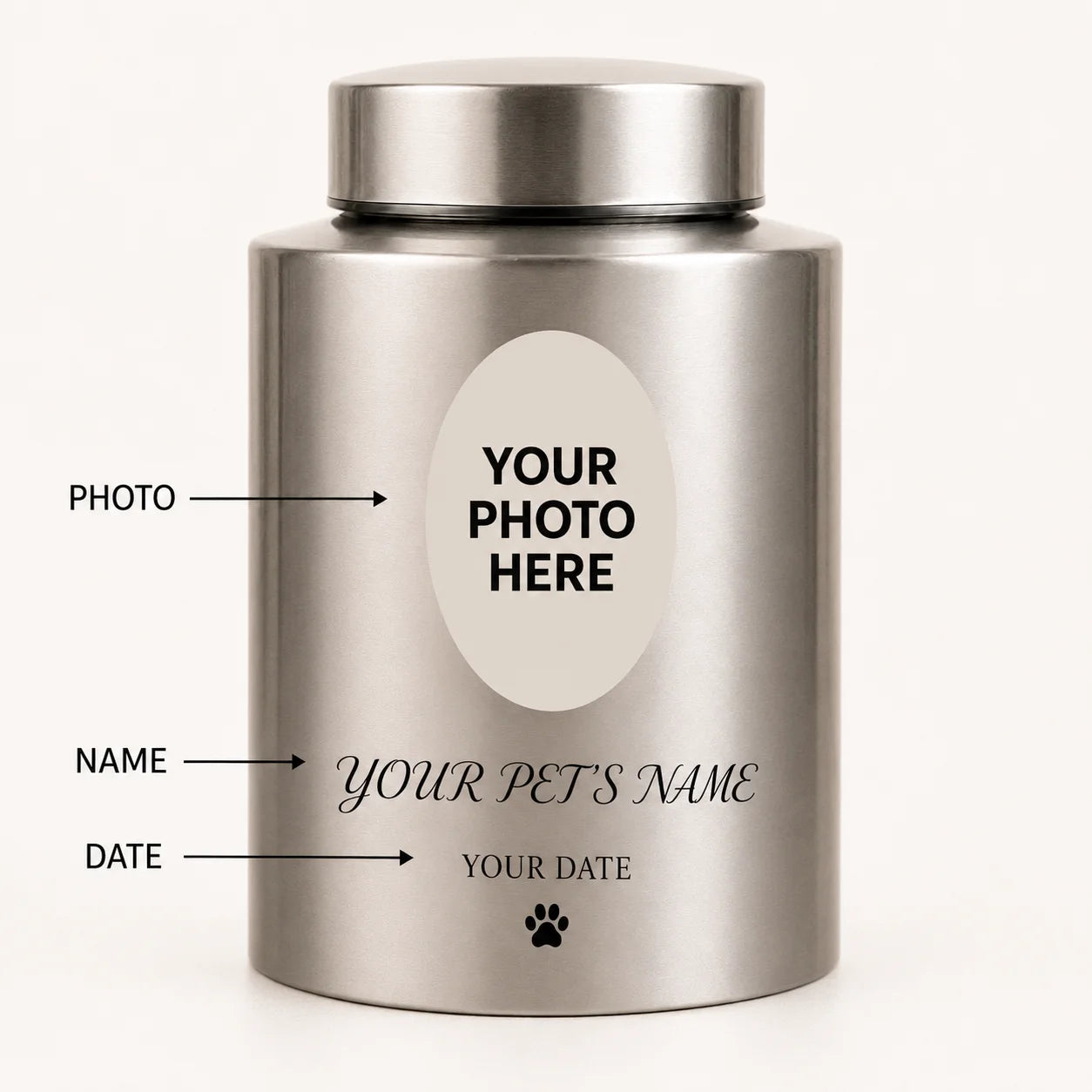 Personalized Pet Ash Urn with Photo Upload AI Minimalist Portrait Stainless Steel Memorial Cat Dog Bone Container with Custom Na