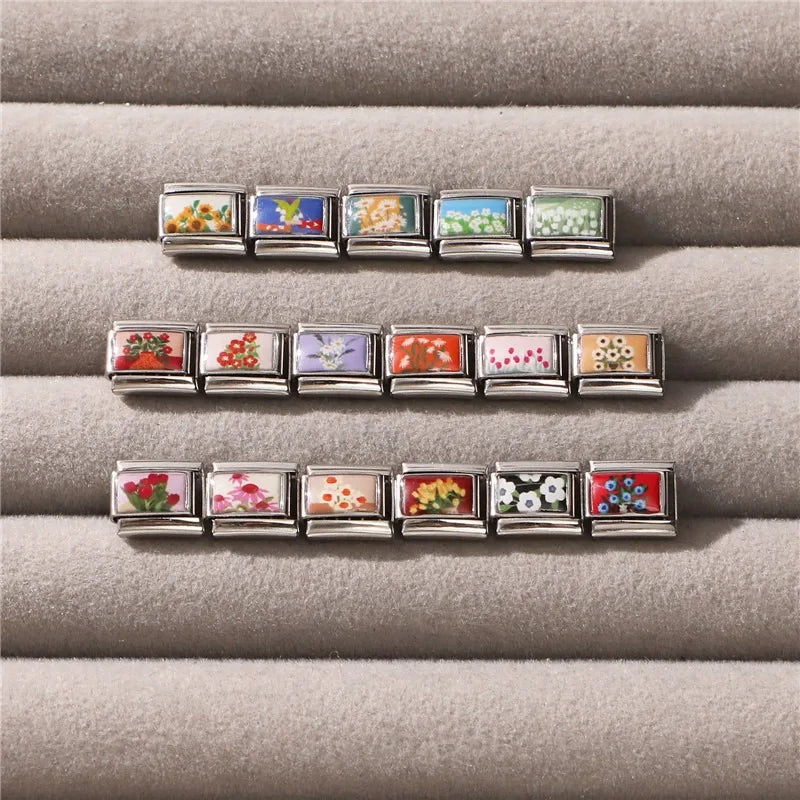 2025 Women's Fashion Colorful Flowers Oil Painting Style Series Italian Charms Fit 9mm Stainless Steel Bracelet DIY Jewelry Gift