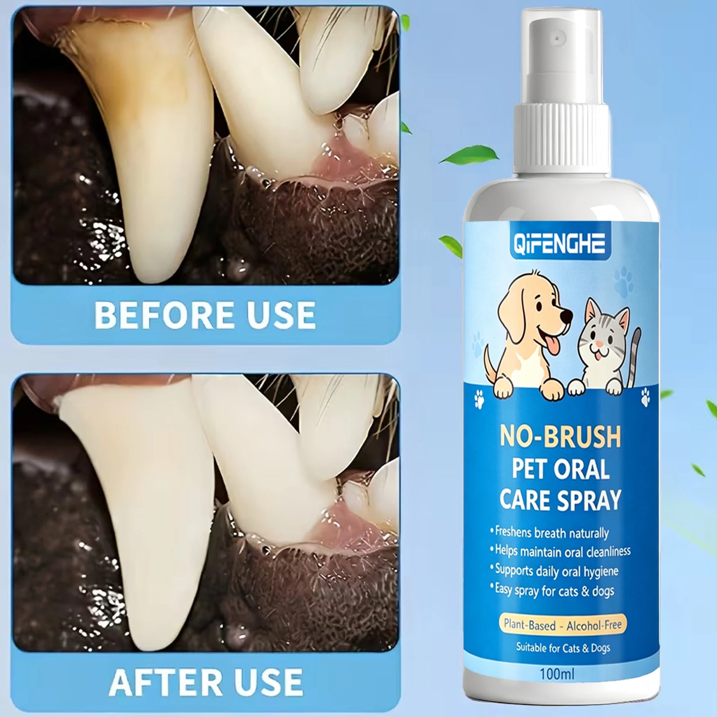No-Brush Pet Oral Care Spray for Cats & Dogs - Natural Breath Freshener, Alcohol-Free Plant-Based Dental Cleaning Spray for Pet