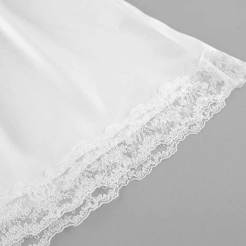 Elegant Satin Lace Patchwork Skirt Two-piece Set V Neck Short Sleeve Lace Up Tops Mini Skirts Suit 2026 New Party Daily Outfits