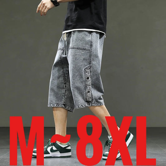 Korean Style Men's Long Shorts 3/4 Length Denim Bermuda Male Big Plus Large Size Jeans Fashion Below Knee Streetwear Loose Baggy