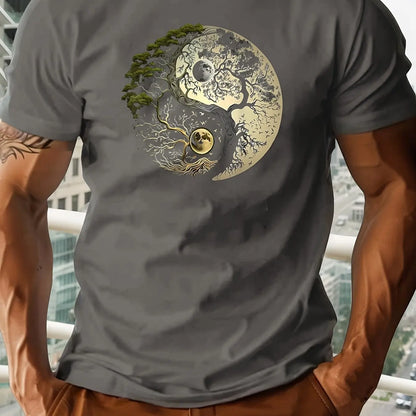 Men's Summer 100% Pure Cotton Casual Loose Sports T-Shirt Yin-Yang Tree Pattern Print round Neck Short-Sleeved Top