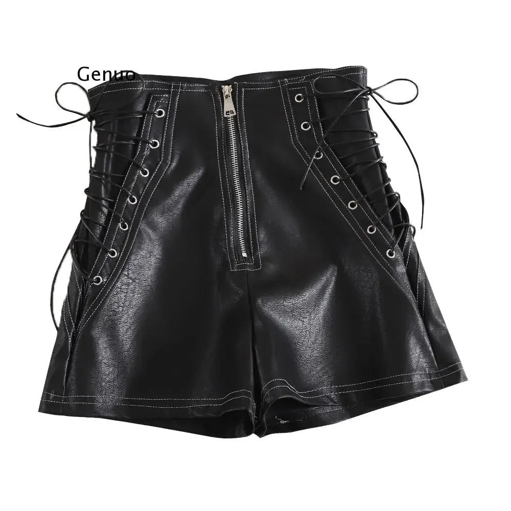 Autumn Women PU Shorts Tie High Waist Shorts Female Casual Black Shorts Ladies All Match Wide leg Shorts Short Pants