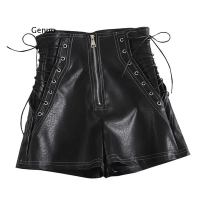 Autumn Women PU Shorts Tie High Waist Shorts Female Casual Black Shorts Ladies All Match Wide leg Shorts Short Pants