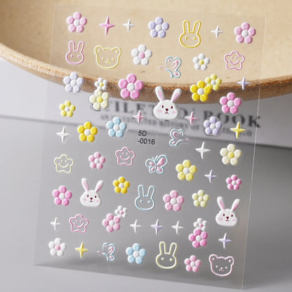 1PC 5D Macaron Flower/Fruit Nail Charms Sticker Embossed Bear/Rabbit/Letter Nails Slider Decals Summer Adhesive Manicure Decor&Y