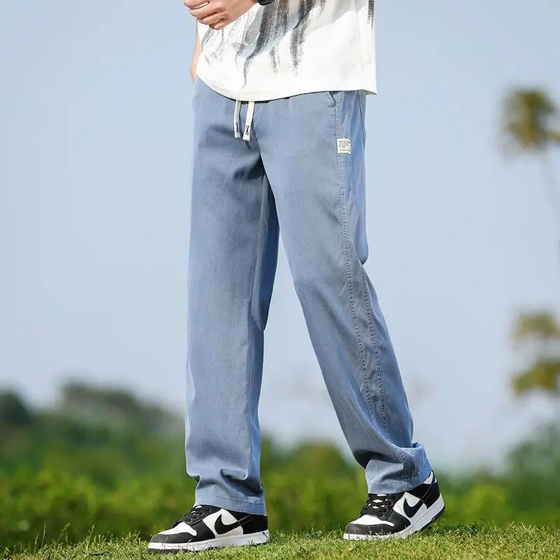 Men's Summer Soft Lyocell Fabric Jeans Thin Loose Straight Denim Pants Drawstring Elastic Waist Casual Trousers Plus Size M-5XL