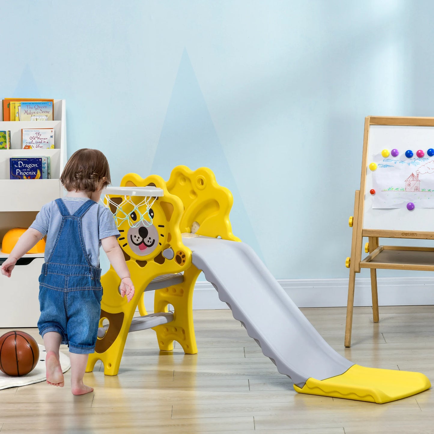 Slide for children 18-36 months with side PE basketball hoop, 131x50x74 cm, yellow and gray, toy slide, children's slide, outdoor slide
