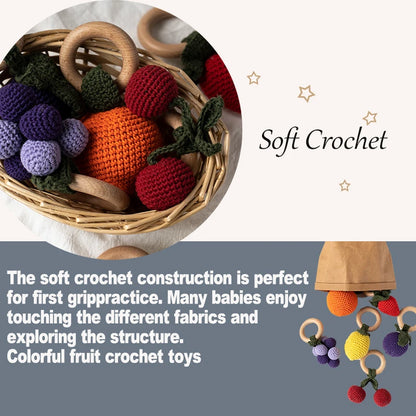Wooden Baby Teether Cute Fruit Style Handmade Crochet Rattle Toys Newborn Soother Teething Chew Toys for Boys Girls Babies Gifts