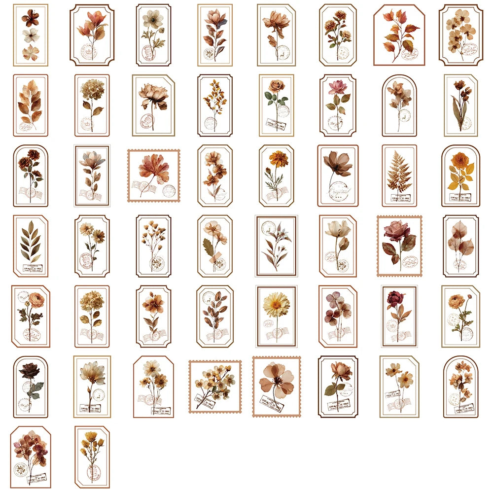 10/30/50pcs INS Style Retro Brown Flowers Stamp Stickers Aesthetic Decals DIY Luggage Motorcycle Bike Cartoon Decoration Sitcker