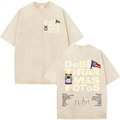 Rapper Bad Bunny Vintage Washed T Shirts Debi Tirar Mas Fotos DTMF T-shirts Men's Clothing Fashion High Quality T-shirt Couples