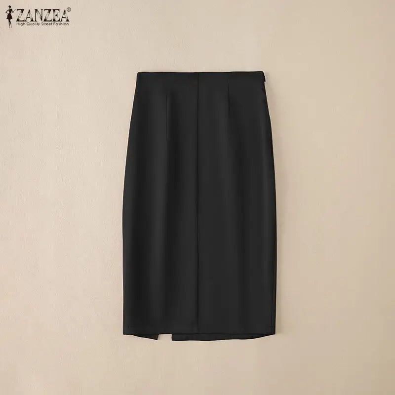 ZANZEA Women's High Waist Pencil Midi Skirt Office Lady Elegant Side Split Bodycon Skirts Casual Solid Color Woman Bottoms S-3XL