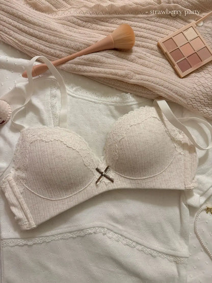 Teenage Sexy Lace Floral Bra Set Comfortable Non-steel Ring Beauty Back Small Breasts Gathered up Support Anti-Sagging Bra Set