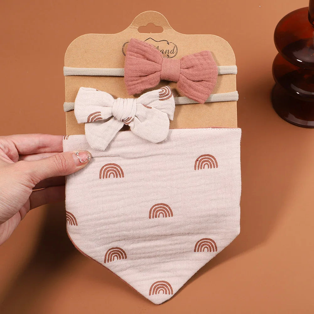 3Pcs/Set Muslin Cotton Print Bib Newborn Bows Headband Triangle Saliva Towel Infant Boy Girl Feeding Burp Baby Hair Accessories