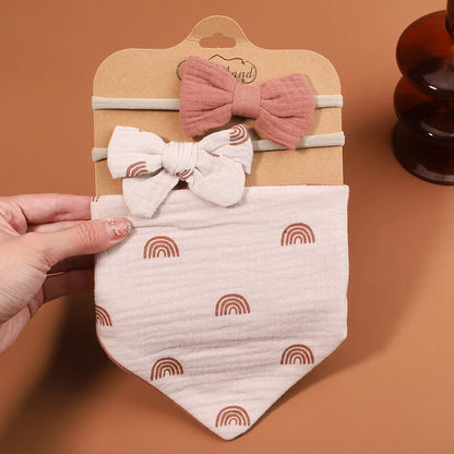 3Pcs/Set Muslin Cotton Print Bib Newborn Bows Headband Triangle Saliva Towel Infant Boy Girl Feeding Burp Baby Hair Accessories