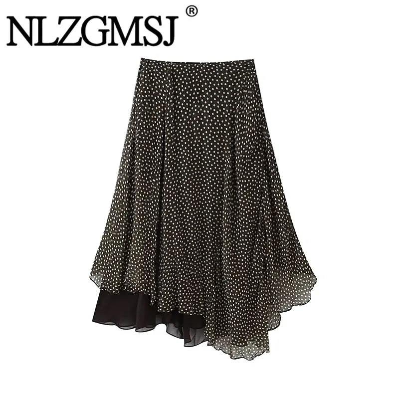 Nlzgmsj 2026 Spring Summer Women's Vintage Black Polka Dot Ruffle Hem Skirt  Asymmetrical Hem Midi Skirt