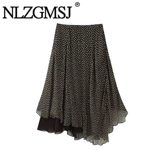 Nlzgmsj 2026 Spring Summer Women's Vintage Black Polka Dot Ruffle Hem Skirt  Asymmetrical Hem Midi Skirt