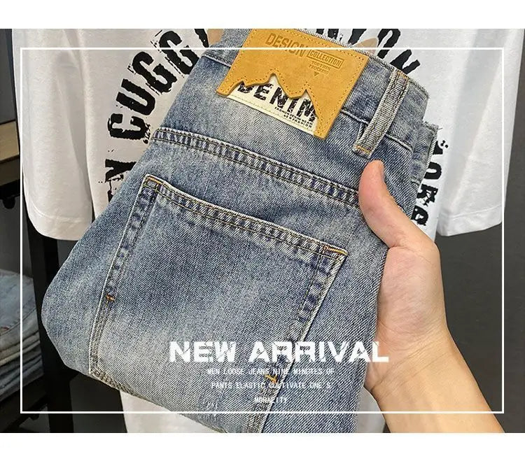 Summer Trendy Brand Handsome Denim Shorts Men's Washed Embroidered Patch Trendy Short Pants Ripped Slim-fit Elastic Middle Pants