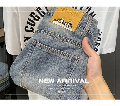 Summer Trendy Brand Handsome Denim Shorts Men's Washed Embroidered Patch Trendy Short Pants Ripped Slim-fit Elastic Middle Pants