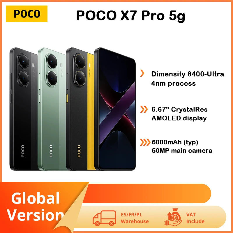 POCO X7 Pro 5G Smartphone AMOLED Screen 120Hz 90W Charging 256GB 6000mAh Battery, Cheap 108MP Camera Phone + Fast EU Delivery