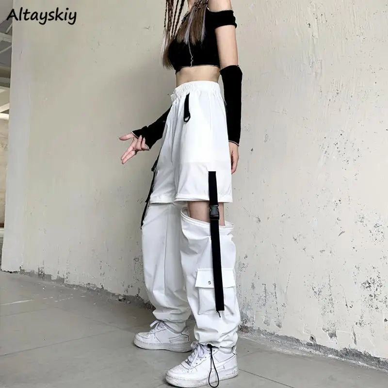 Casual Pants Women Cargo Korean Style Solid Spring Young Ladies Elastic Waist Popular Street Wear  Simple Ins Cozy Cool