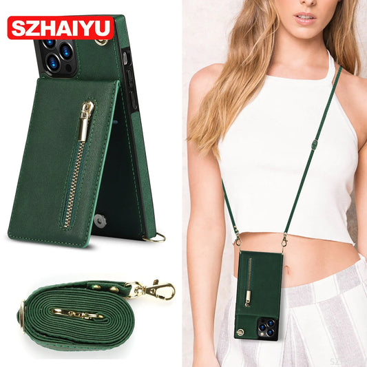 Zipper Wallet for IPhone 17 Air 16 16E 15 14 13 12 11 Pro Max Plus Case with Card Holder Lanyard Strap Crossbody Leather Cover