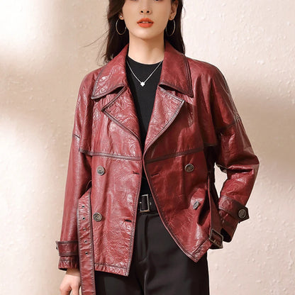 Roupas Femininas Autumn Women Suit Collar Lace-up Waist Oil Wax Sheepskin Gabardina Mujer Vintage Red Short Leather Trench Coat