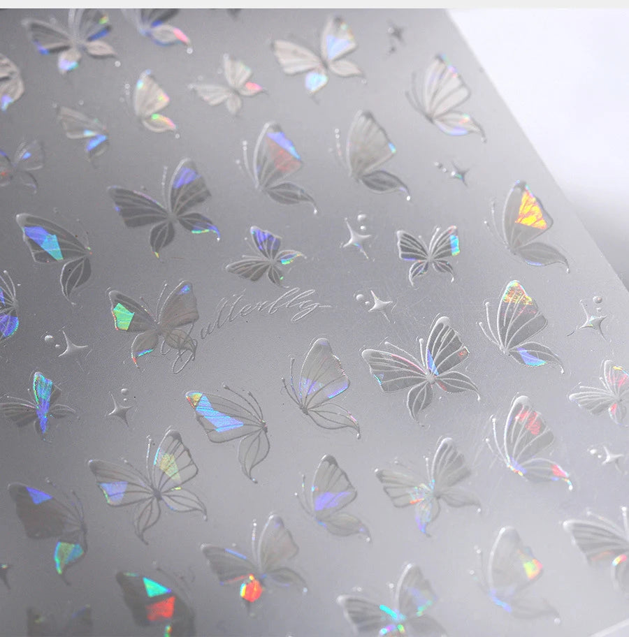 Shiny Jelly Butterfly Charming Golden Gradient Bowknot 5D Self Adhesive Nail Art Sticker Flower Petal Rhinestone Manicure Decals