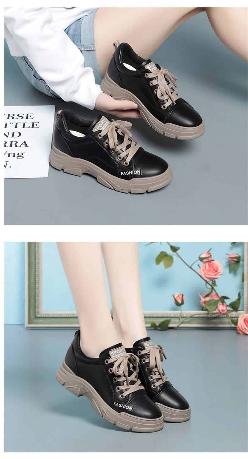 Spring Non-slip Soft Leather Sneaker Trekking Footwear New Women's Thick-soled Lace-up Leisure Skateboard Sports Shoes