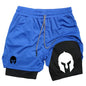 Men's Spartan Helmet Print Double Layer Gym Shorts, 2-in-1 Athletic Workout Running Casual Streetwear Short Pants WX099