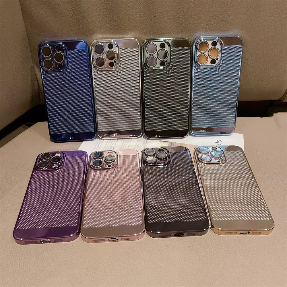 Luxury Plating Hollowed Out Case for iPhone 17 Pro 16 15 14 Pro Max Plus 13 12 Mini 11 17Air Heat Dissipation Shockproof Cover