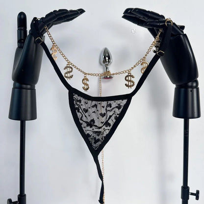 Anal Plug with Lace Thong Panty Set for Women Men Sexy Underwear with 2.8cm Butt Plug for Outdoor Wear BDSM Adult Sex Toys Gay