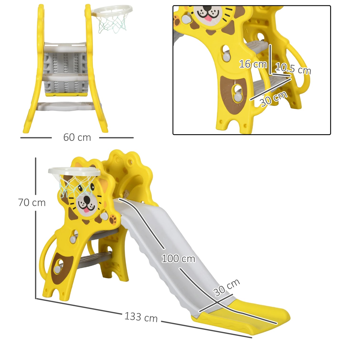 Slide for children 18-36 months with side PE basketball hoop, 131x50x74 cm, yellow and gray, toy slide, children's slide, outdoor slide