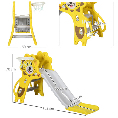 Slide for children 18-36 months with side PE basketball hoop, 131x50x74 cm, yellow and gray, toy slide, children's slide, outdoor slide