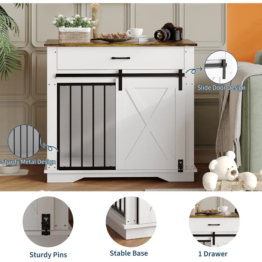 Garvee Modern Farmhouse Wooden Dog Crate Furniture, Double Sliding Door Pet Kennel End Table with Two Storage Drawers, Indoor Decorative Dog Cage, Easy Assembly for Small & Medium Dogs