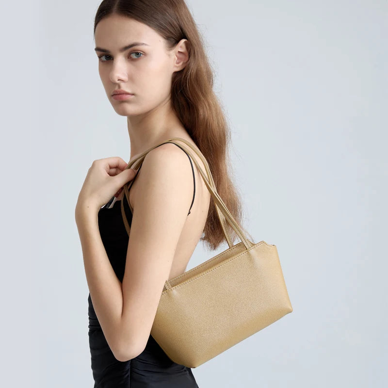 Luxury Women's Genuine Cowhide Leather Mini Shoulder Tote Bag Pebbled Leather Long Strap Underarm Handbag Minimalist Daily Purse