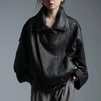 New Outerwear Leather Jacket Women American Retro Top Sheepskin Bubble Leather Double Lapel Loose Profile Coffee Locomotive Coat