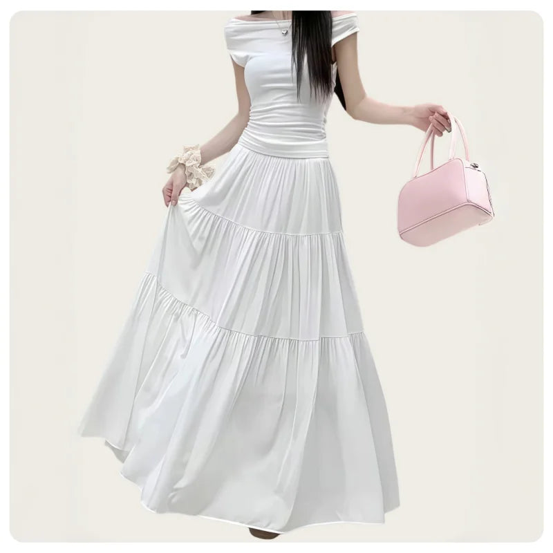 Korean Casual Style Women's Spring and Summer High-Waisted Elastic Band Lined White Layered Midi Skirt