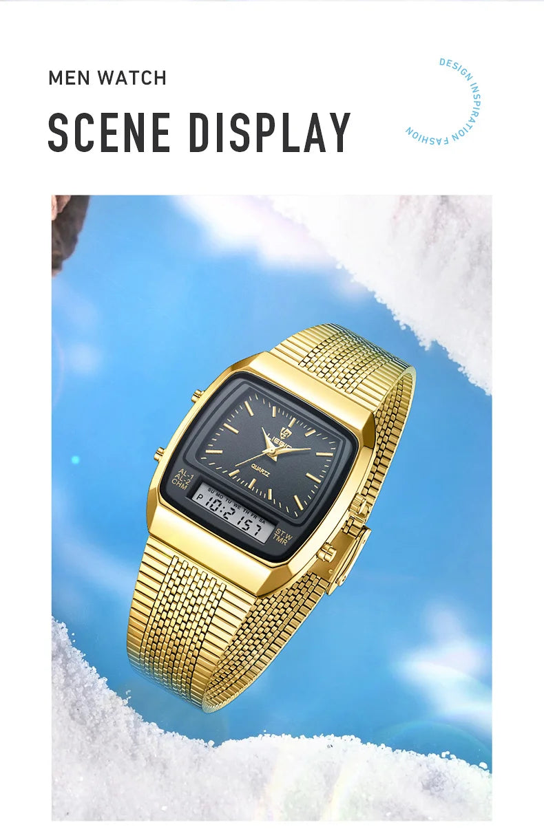 New Fashion Casual Watch Men Digital Dual Time Week Gold Sport 3bar Waterproof Quartz Wristwatches Clock relogio masculino L1030