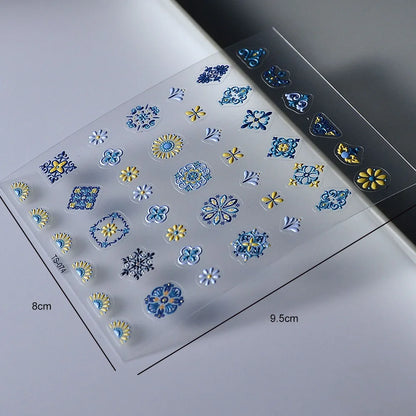 1PC Bohemia Nail Art Stickers 5D Bohemia Nail Sticker Decal Abstract Design Retro Blue Yellow Flower Self Adhesive Nail Supplies