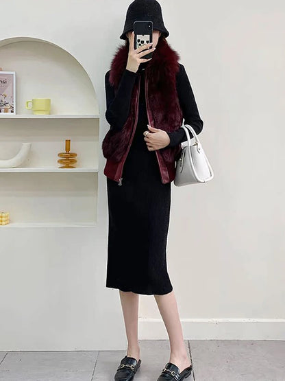 Women's Genuine Real Rabbit Fur Vest Coat Knitting Winter Fox Fur Collar Fur Jacket Casual Short Outwear Slim with Zipper