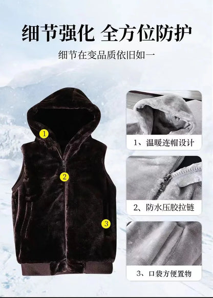 2026 Autumn Winter Men's Thicked Golden Velvet Warm Vest Fashion Solid Sleeveless Zipper Hooded Jacket Fake Fur Couple Waistcoat