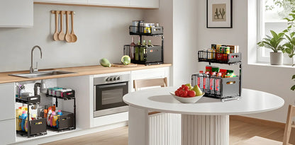 2 Tier Pull Out Cabinet Organizer Adjustable Under Sink Storage Rack Slide Out Drawer Kitchen Spice Jar Storage Shelf