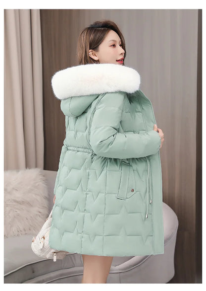 Hooded Women Parkas Coats Mid LenthJackets  Oversize Solid Fur Collar Zipper Drawstring Waist Loose Casual 2025 Autumn Winter