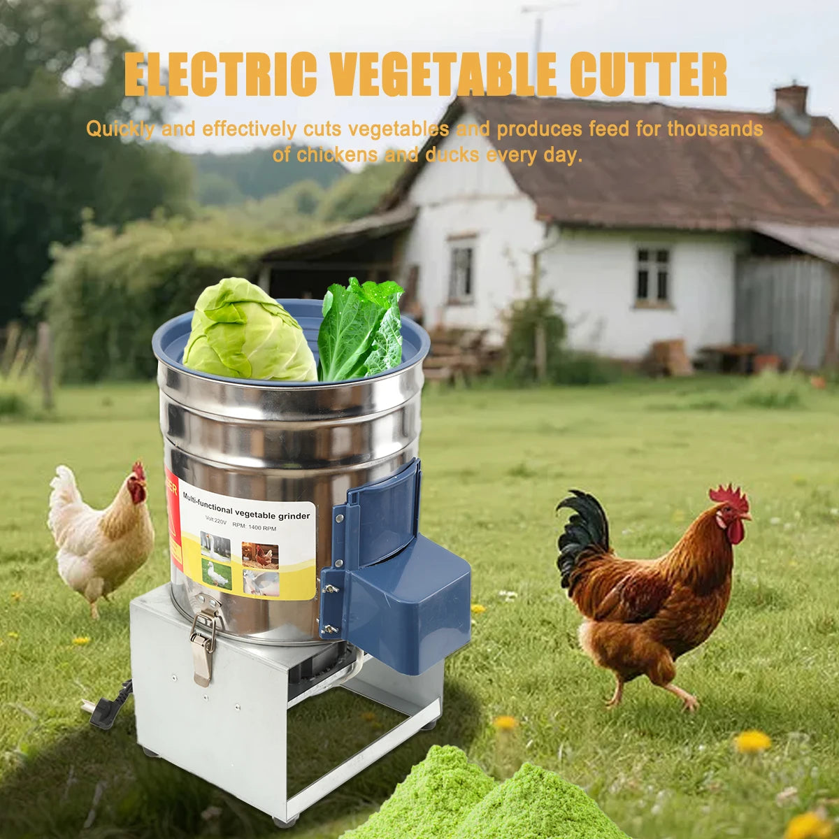 30L Stainless Steel Electric Feed Grinder 550W Vegetable Fruit Shredder 400kg/h for Chickens Ducks Livestock, Side Open Drum 220V Feed Chopper with Copper Motor