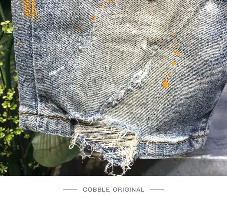 Summer Trendy Brand Handsome Denim Shorts Men's Washed Embroidered Patch Trendy Short Pants Ripped Slim-fit Elastic Middle Pants