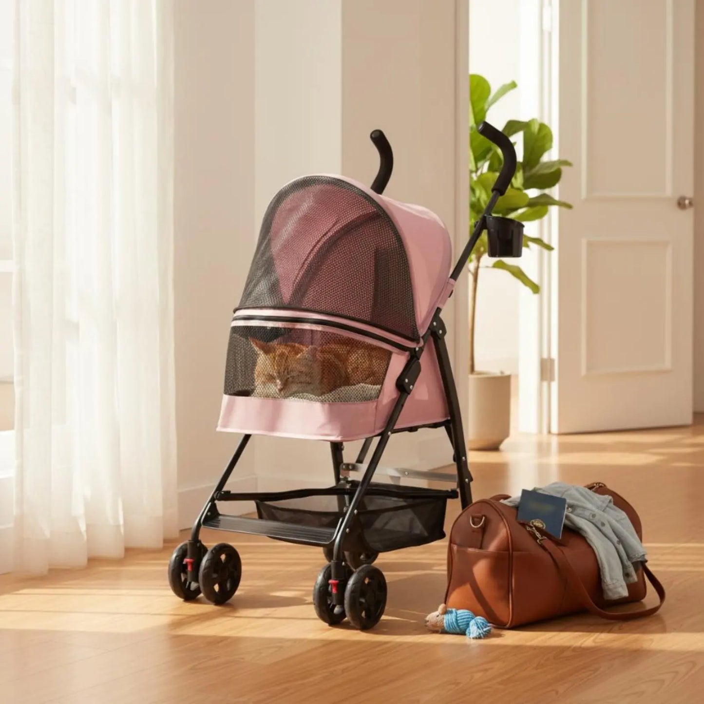 Foldable Pet Stroller Ventilated Lightweight Pet Stroller Brake System Cup Holder for Dogs, Travel, Park